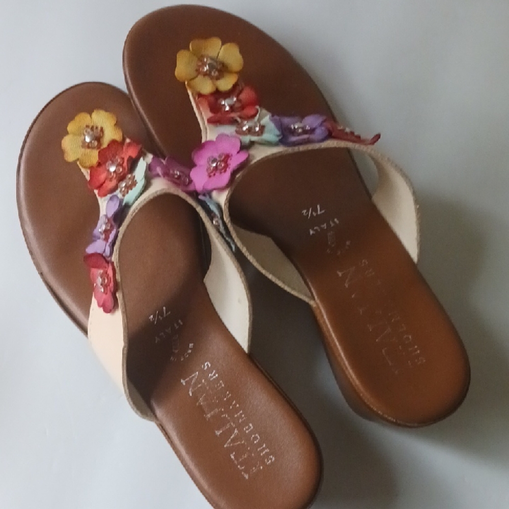 Italian Shoemakers Brown and Yellow Sandals with Floral Accents